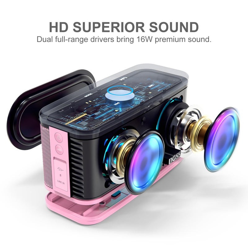 DOSS SoundBox Plus Bluetooth Speaker with Superior Sound, Bluetooth 5.0, Wireless Stereo Pairing, Built-in Mic, 20H Playtime, Portable for Hking, Beach, Camping. Outdoor, Home - Pink - Image 2